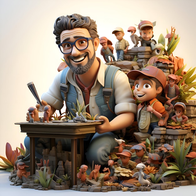 Renderização 3D de um personagem de desenho animado com sua família no jardim.