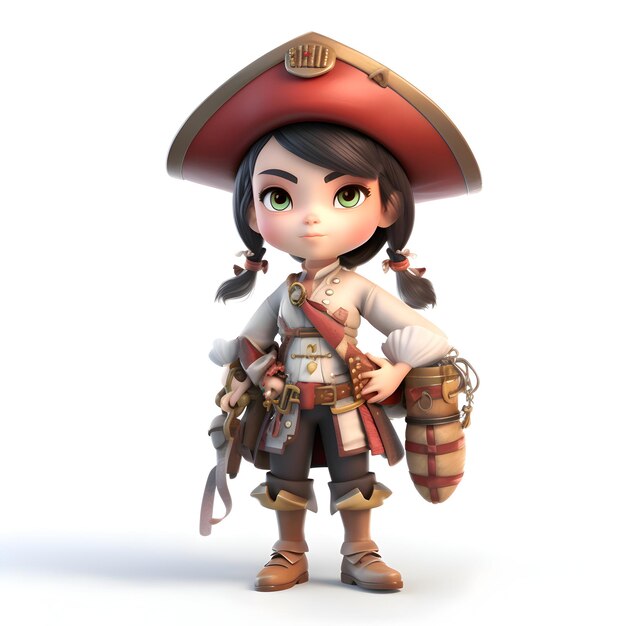 Renderização 3D de um personagem de desenho animado com uma fantasia de pirata em fundo branco