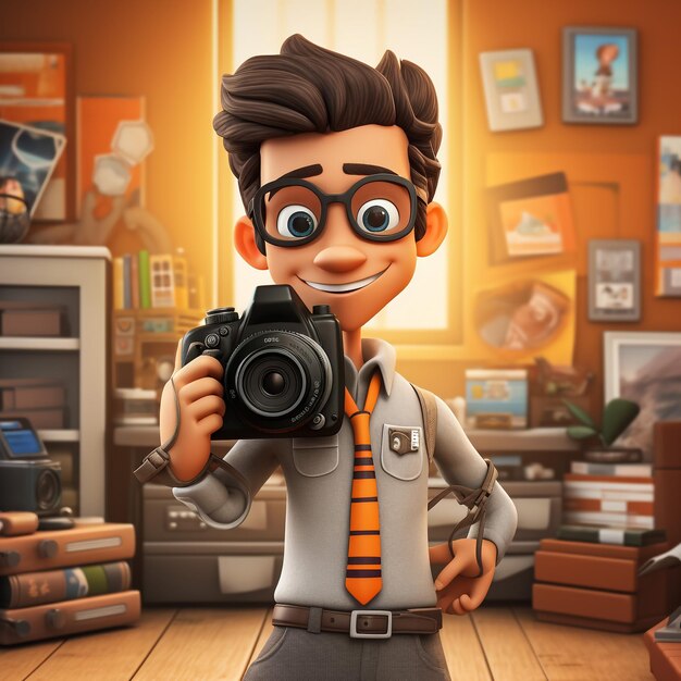 Foto renderização 3d de um personagem de desenho animado engraçado tirando uma foto com uma câmera