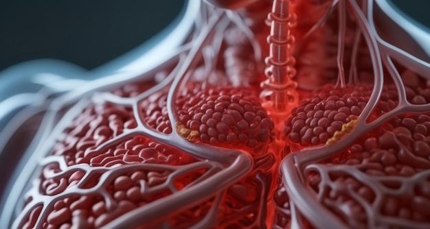 Renderização 3D de um pescoço e coluna vertebral humanos com estruturas vasculares e musculares detalhadas