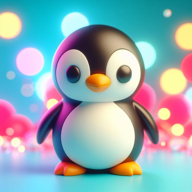 Renderização 3D de um pinguim com fundo colorido