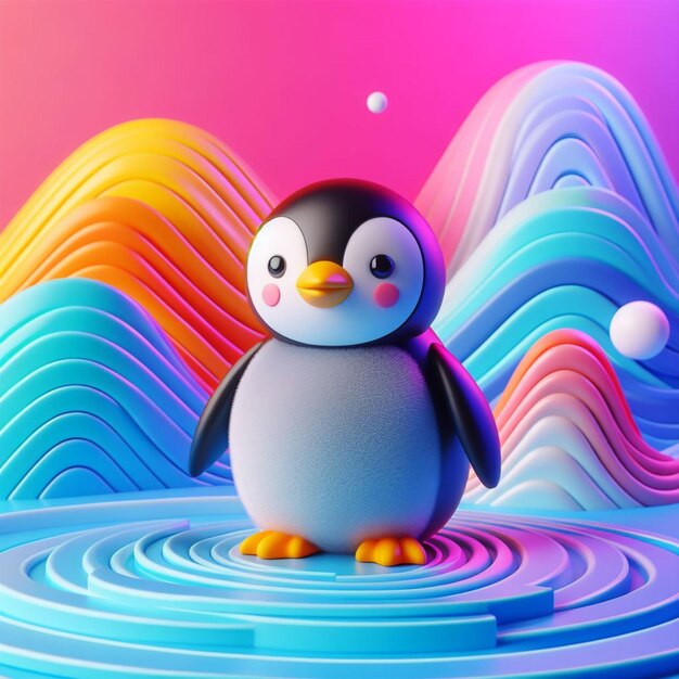 Renderização 3D de um pinguim com fundo colorido