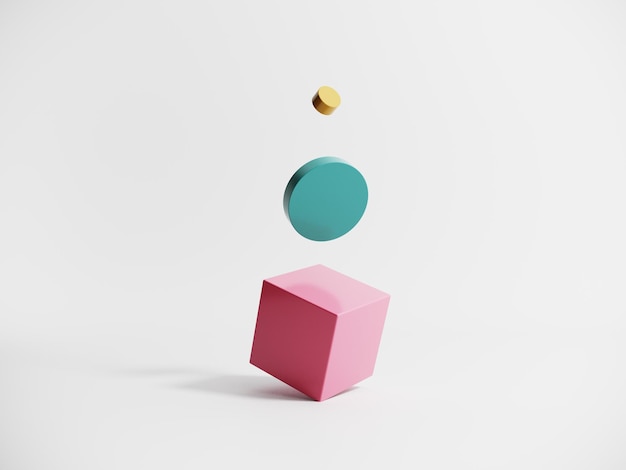 Renderização 3D de um pódio abstrato com objetos geométricos brilhantes voadores