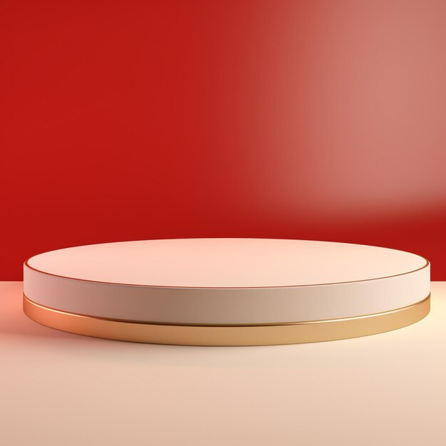 Foto renderização 3d de um pódio branco com luzes vermelhas em torno dele em um fundo vermelho