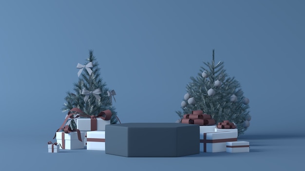 Renderização 3D de um pódio com decorações de Natal