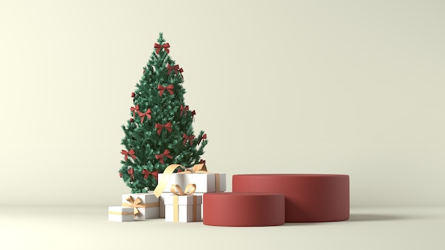 Renderização 3D de um pódio com decorações de Natal