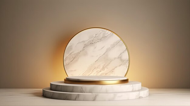 renderização 3D de um pódio de mármore branco para apresentação do produto com uma moldura de ouro no fundo da parede