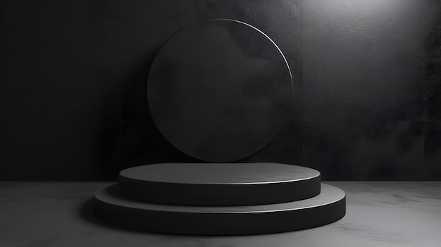 Renderização 3D de um pódio preto com um fundo circular O pódio é feito de um material reflexivo liso e é iluminado por um único spotlight