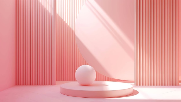 Renderização 3D de um pódio rosa com uma esfera nele O pódio está em uma sala rosa com cortinas rosas A sala é iluminada por uma leve luz rosa