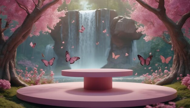 Foto renderização 3d de um pódio rosa em uma paisagem de fantasia com um fundo bonito