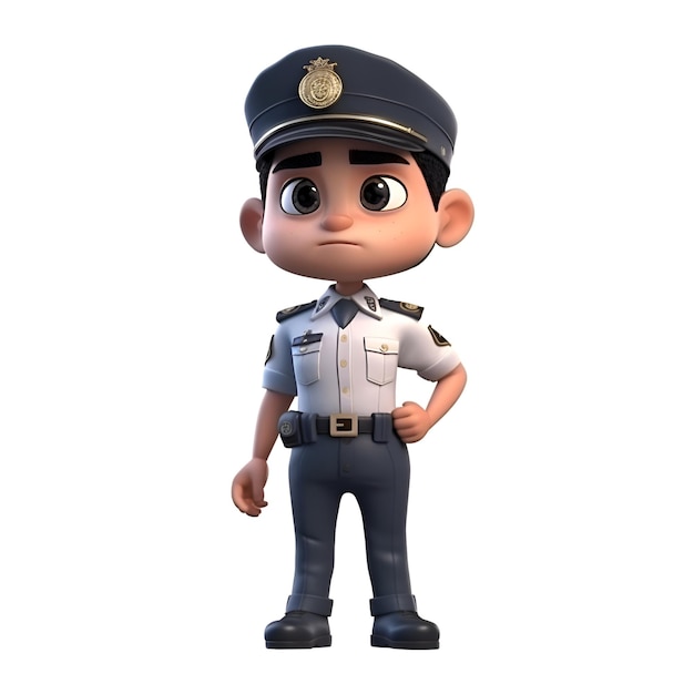 Renderização 3D de um policial isolado em fundo branco com traçado de recorte