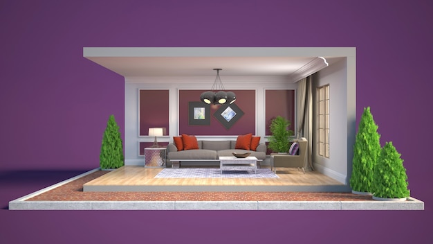 Renderização 3D de um quarto moderno e elegante