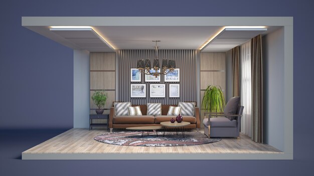 Renderização 3D de um quarto moderno e elegante