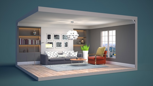 Renderização 3D de um quarto moderno e elegante