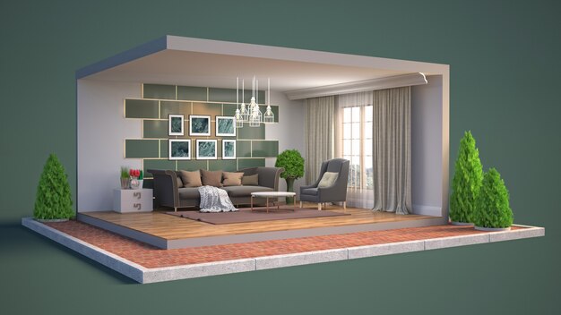 Renderização 3D de um quarto moderno e elegante