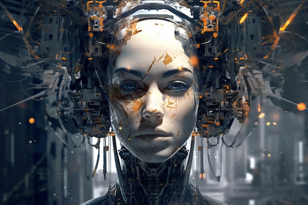 Renderização 3D de um robô feminino no ciberespaço futurista