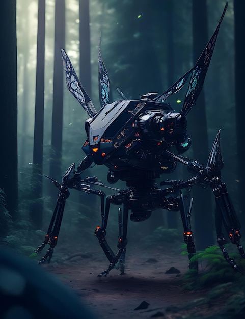 Renderização 3D de um robô inseto na floresta escura Cena de fantasia
