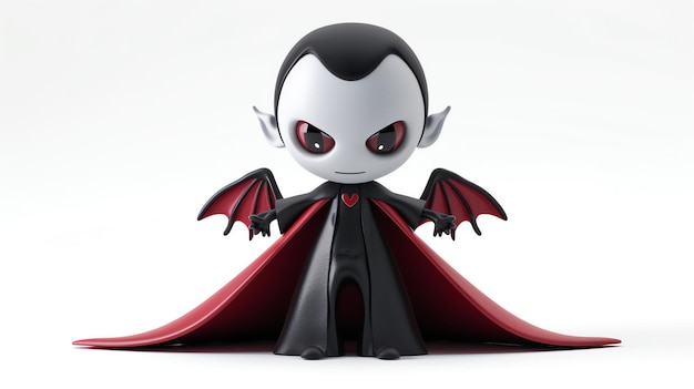 Renderização 3D de um simpático vampiro de desenho animado O vampiro está vestindo uma capa preta e tem olhos vermelhos Tem um medalhão em forma de coração em seu peito