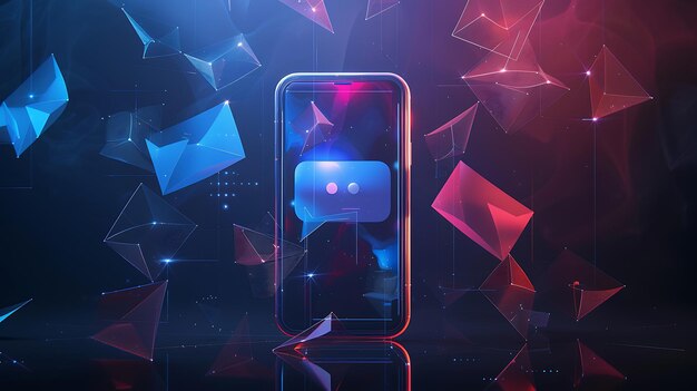 Renderização 3D de um smartphone com uma bolha de chat na tela O fundo é um azul escuro com um padrão poligonal vermelho e azul