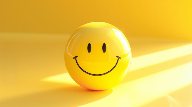 Renderização 3D de um smiley face amarelo em um fundo amarelo O smiley face é uma esfera com um simples rosto sorridente desenhado nele