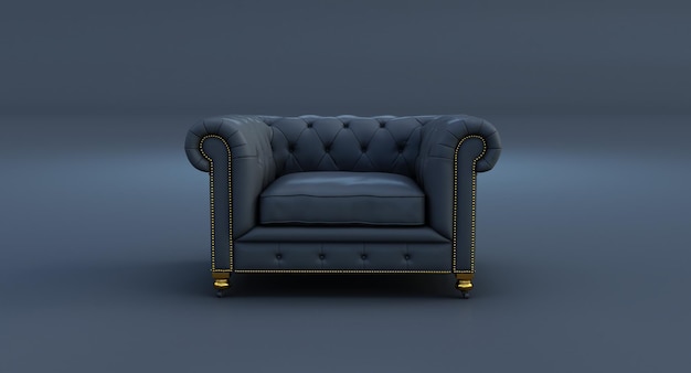 Renderização 3d de um sofá de couro preto isolado em um fundo preto, sofá luxuoso de veludo preto