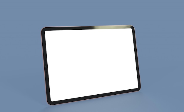Renderização 3D de um tablet com tela branca em fundo azul