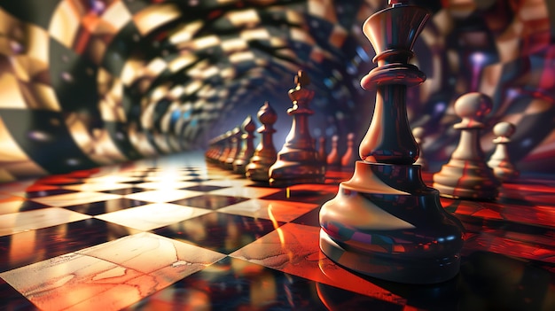Foto renderização 3d de um tabuleiro de xadrez com peças de xadrez pretas e brancas o tabuleiro é feito de mármore e as peças de xadres são feitas de metal