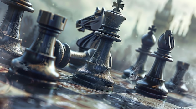 Renderização 3D de um tabuleiro de xadrez com peças pretas O foco é nas peças rei e rainha que estão no centro do tabuleiro