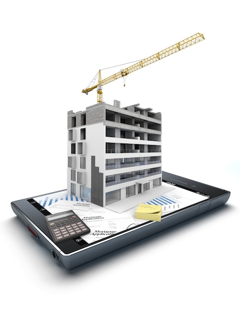 Renderização 3d de um telefone inteligente com um bloco de apartamentos em construção, além de gráficos e um formulário de pedido de hipoteca projetando-se