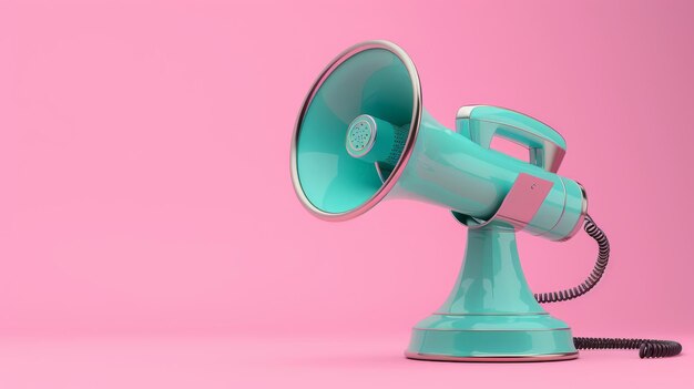 Renderização 3D de um telefone retro turquesa conectado a um megafone com um cabo preto em um fundo rosa Representa um telefone retro e um mostrador Comunicação e discursos públicos
