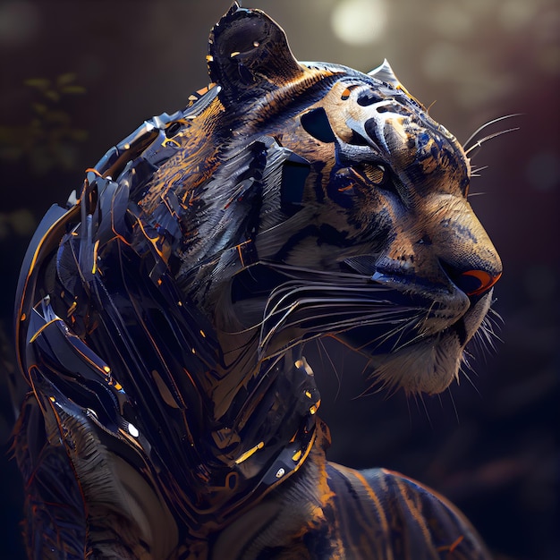 renderização 3D de um tigre fêmea em um ambiente de floresta de fantasia