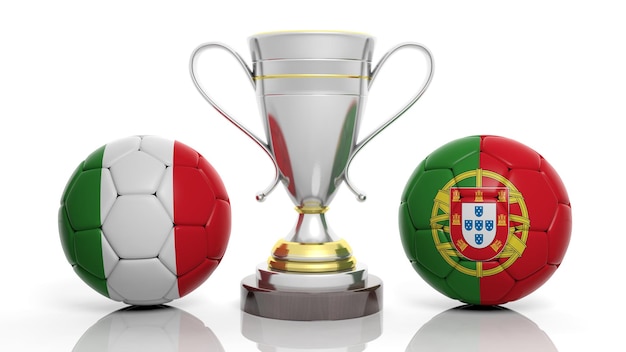 renderização 3D de um troféu de prata dourada e bola de futebol