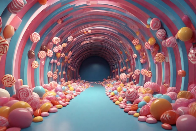 Renderização 3D de um túnel colorido com doces e pirulitos