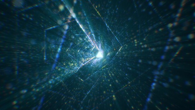 Renderização 3D de um túnel digital abstrato no ciberespaço feito de partículas