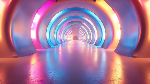 Foto renderização 3d de um túnel futurista com luzes de néon brilhantes o túnel é composto por uma série de círculos concêntricos cada um menor do que o anterior