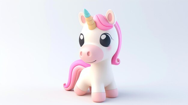 Renderização 3D de um unicórnio bonito e colorido O unicórnio é branco com uma crina e cauda cor-de-rosa e um chifre azul