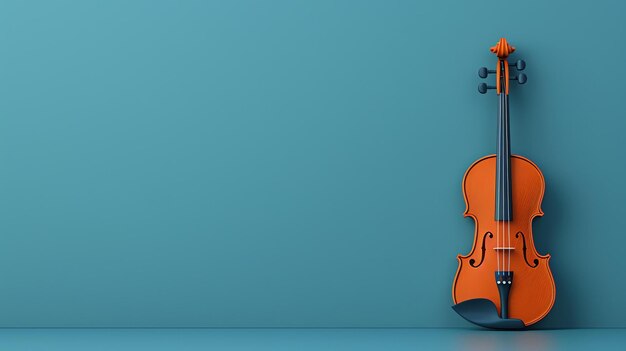 Foto renderização 3d de um violino colocado contra um fundo azul o violino é laranja e tem um acabamento brilhante