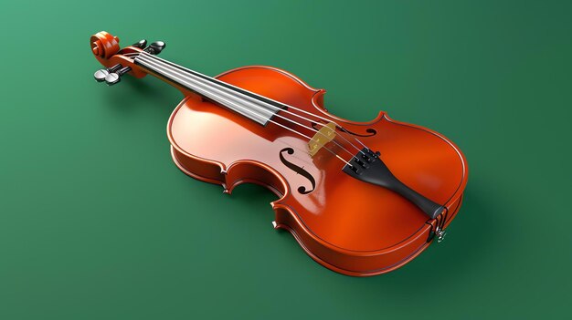 Renderização 3d de um violino colocado em um fundo verde em uma vista 34 o violino é feito de madeira e tem um acabamento brilhante