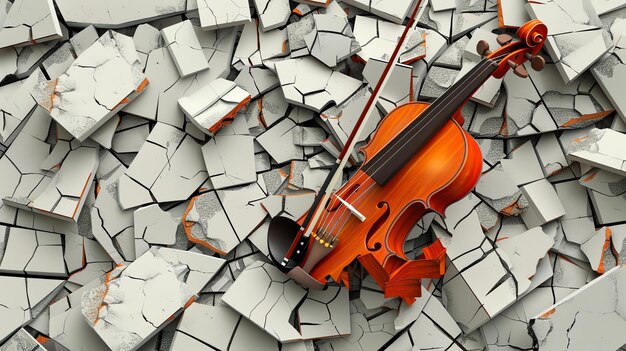 Foto renderização 3d de um violino deitado em uma superfície de pedra rachada o violino é feito de madeira e tem um acabamento brilhante