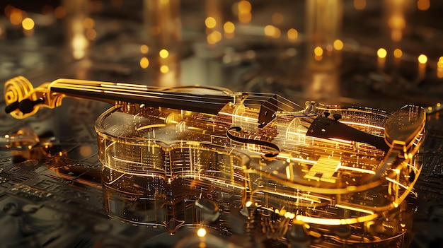 Foto renderização 3d de um violino dourado feito de linhas brilhantes