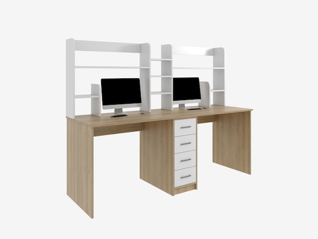 Renderização 3D de uma área de trabalho com um modelo de computador de uma mesa de computador em um fundo branco