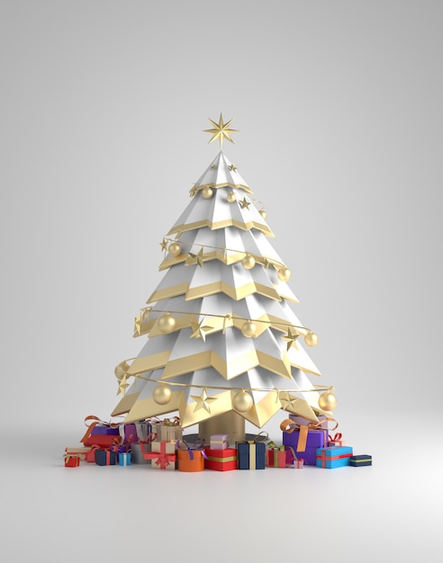 Renderização 3D de uma árvore de Natal branco com presentes