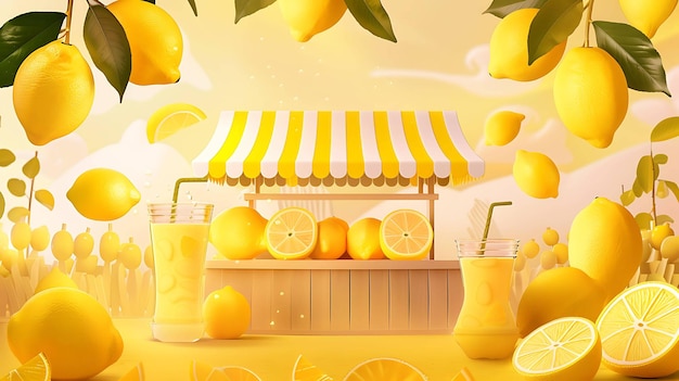 Foto renderização 3d de uma barraca de limonada com um toldo listrado amarelo e branco há árvores de limão atrás da barraca e limões caindo do céu