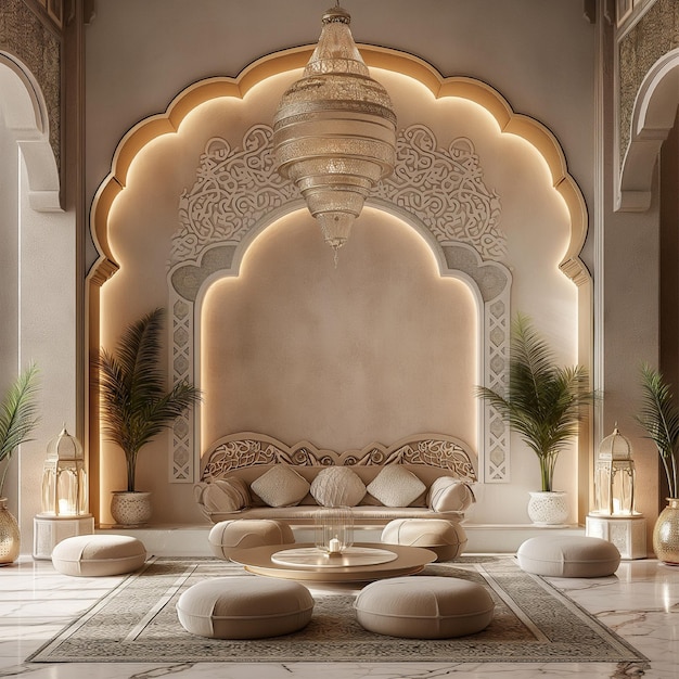 Renderização 3D de uma bela decoração interior em estilo marroquino