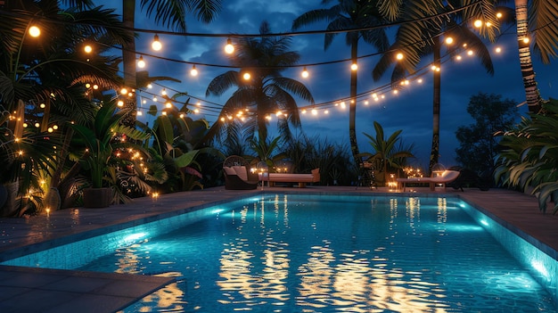 Foto renderização 3d de uma bela piscina à noite a piscina é cercada por palmeiras e plantas tropicais
