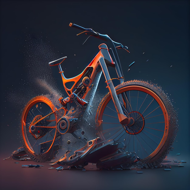 renderização 3D de uma bicicleta quebrada em um fundo azul escuro