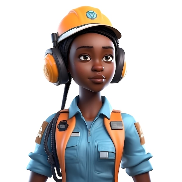 Renderização 3D de uma bombeira afro-americana com capacete laranja