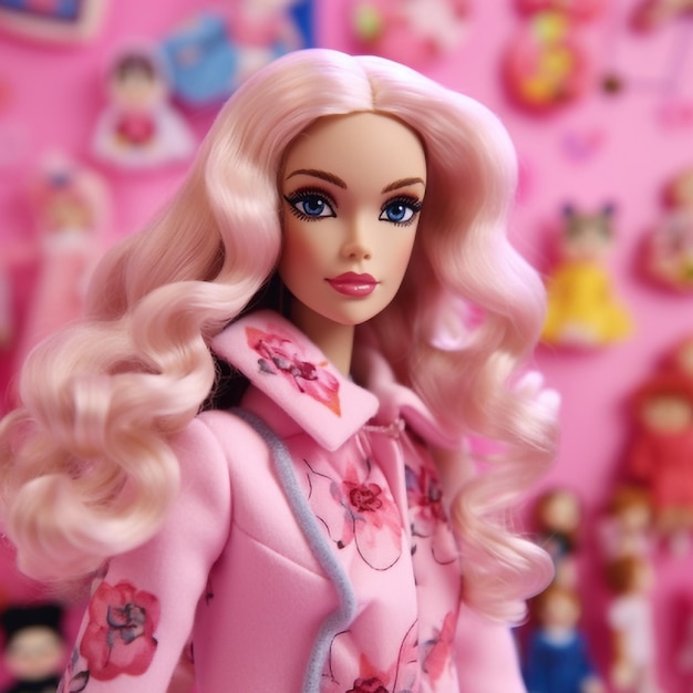 Foto renderização 3d de uma boneca barbie com vestido rosa e óculos de sol