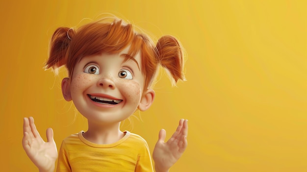 Renderização 3D de uma bonita garota de desenho animado com cabelo vermelho e sardas Ela está sorrindo e tem as mãos levantadas no ar Ela está vestindo uma camisa amarela
