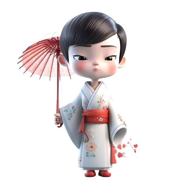 Foto renderização 3d de uma bonita garota de kimono isolada em fundo branco